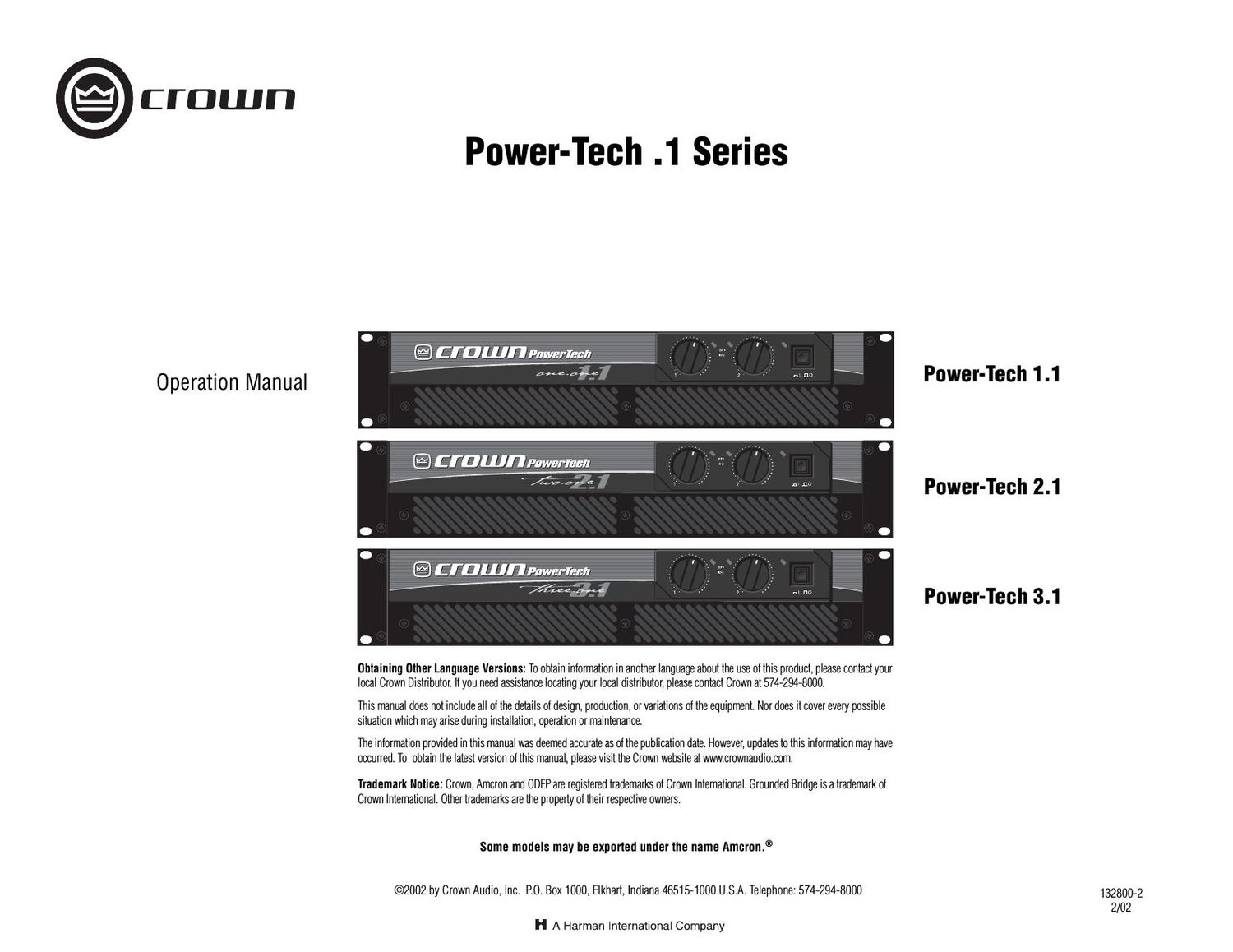 Crown Power Tech 1 Series Owners Manual