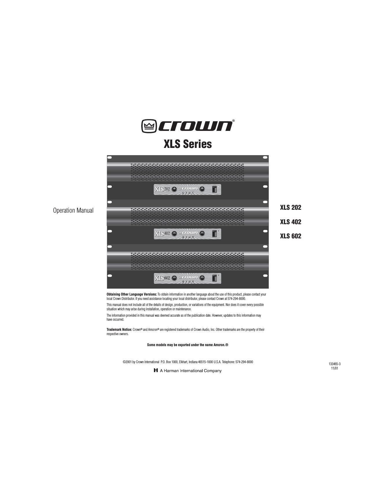 Crown XLS 202 402 602 Operation Manual