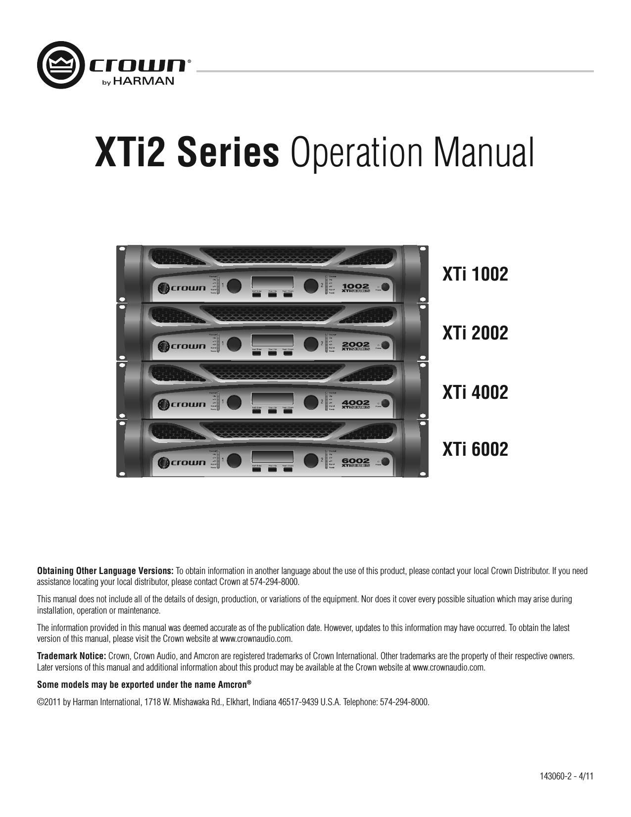 Crown XTi 1002 2002 4002 6002 Operation Manual