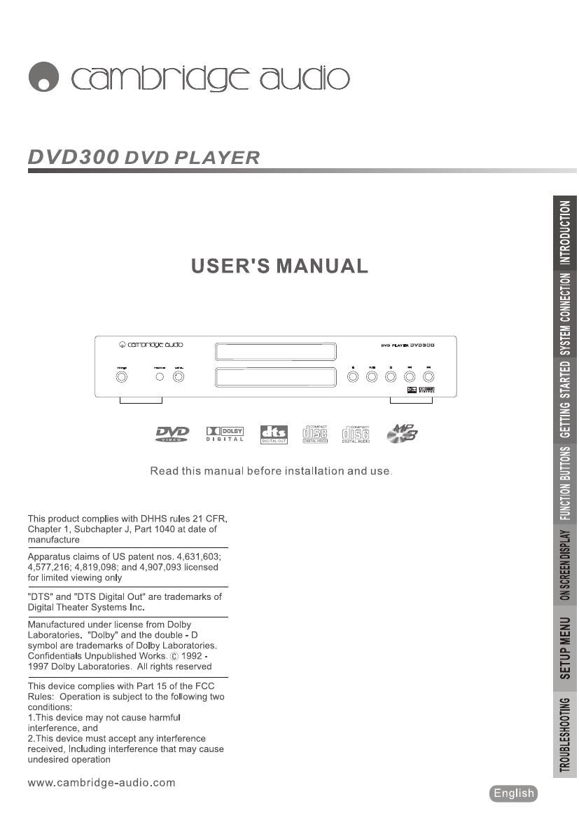 cambridgeaudio dvd 300 owners manual