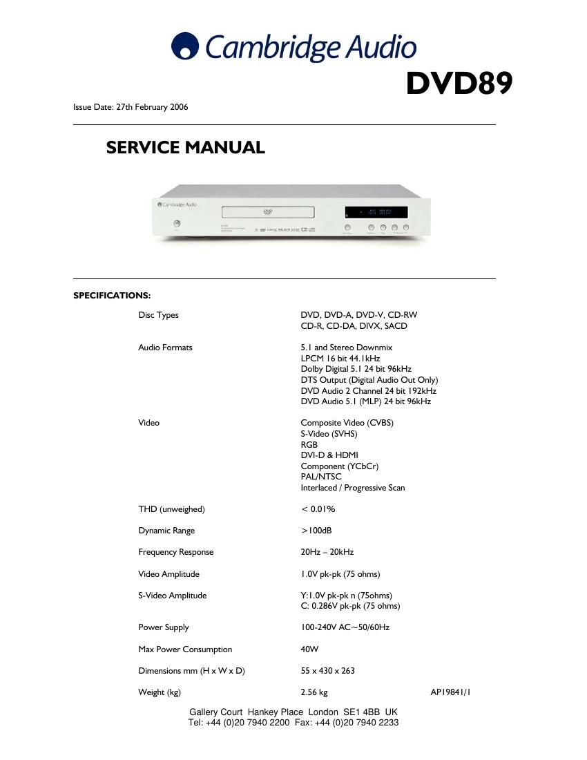 cambridgeaudio dvd 89 service manual