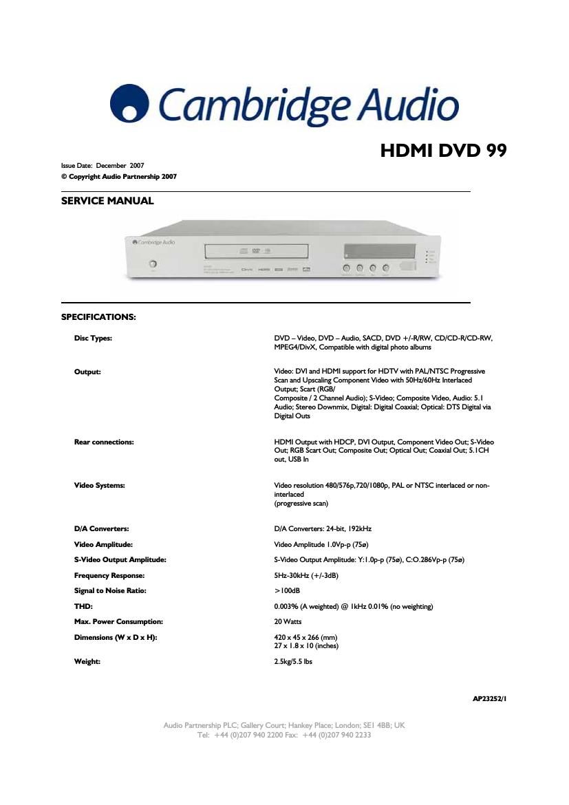 cambridgeaudio dvd 99 service manual