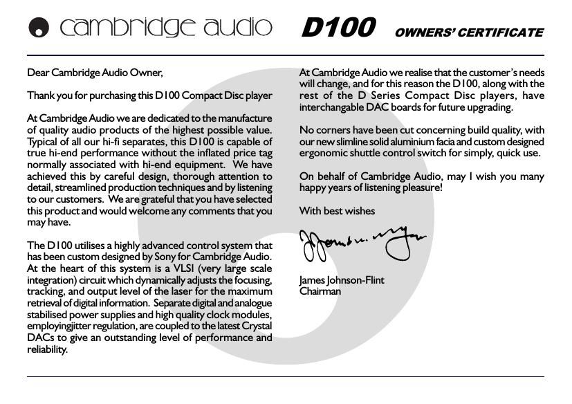 cambridgeaudio d 100 brochure