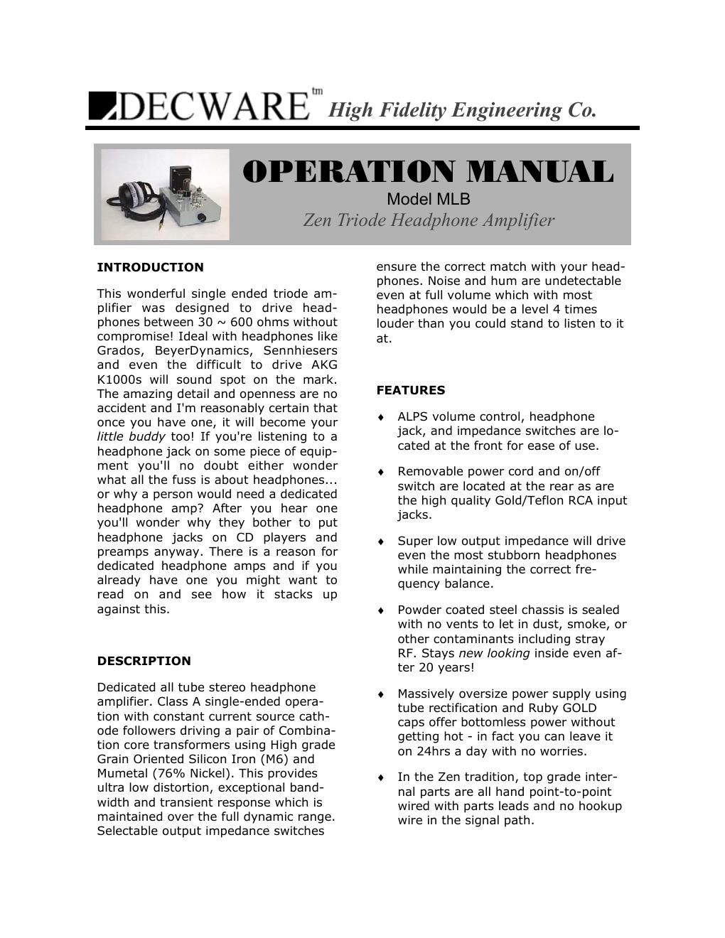 decware mlb owners manual