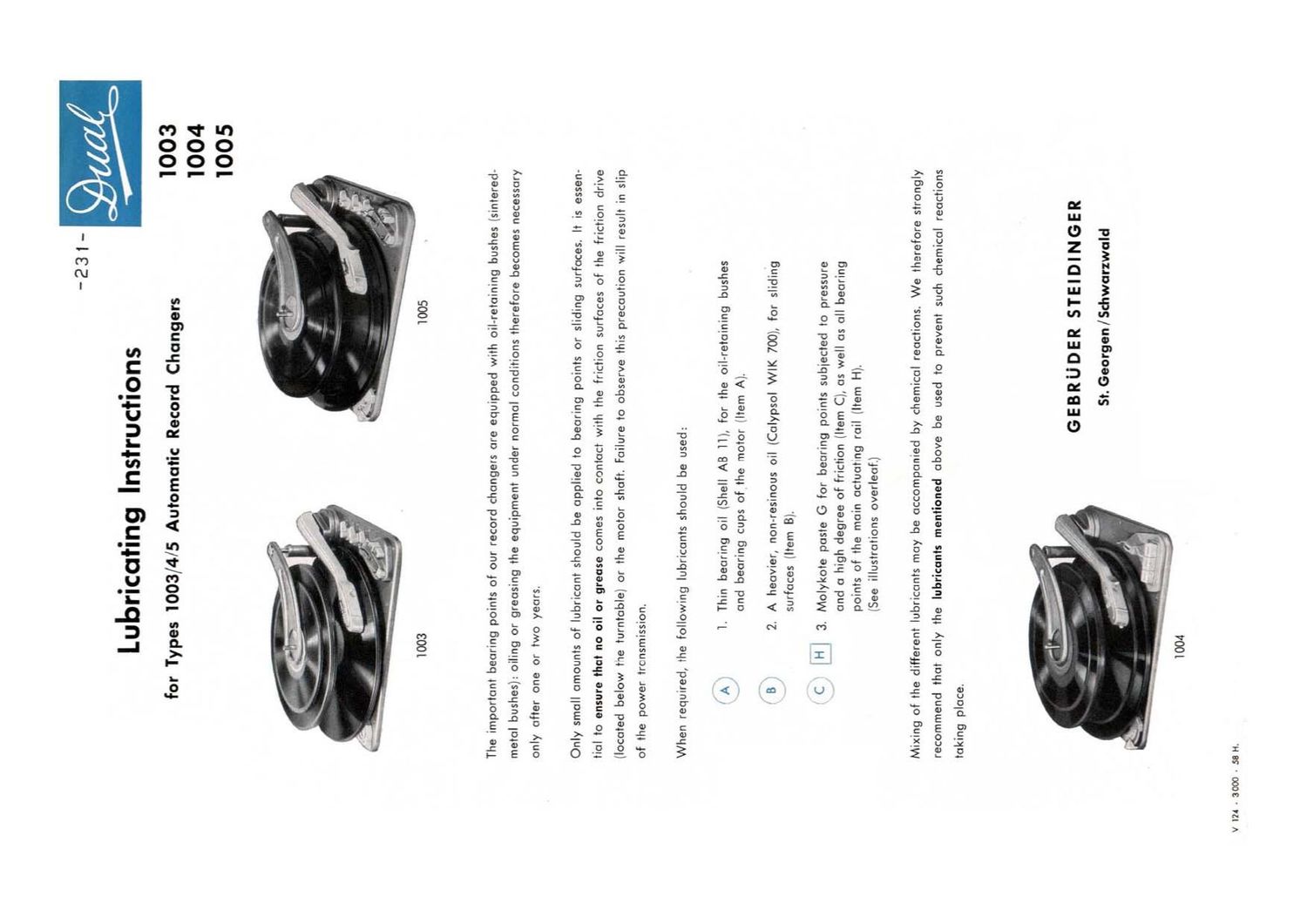 Dual 1003 1004 1005 lubricating instructions