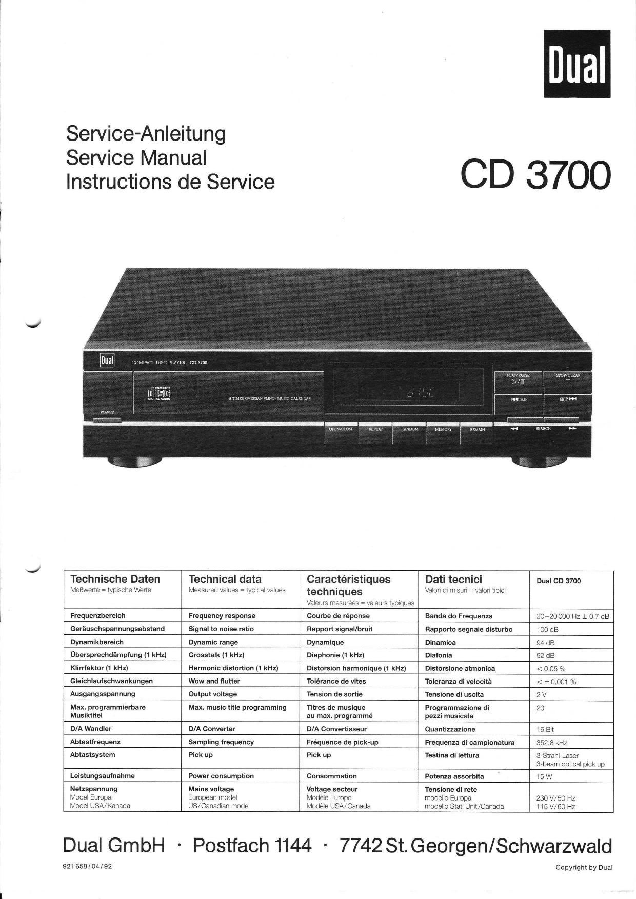 Dual CD 3700 Service Manual
