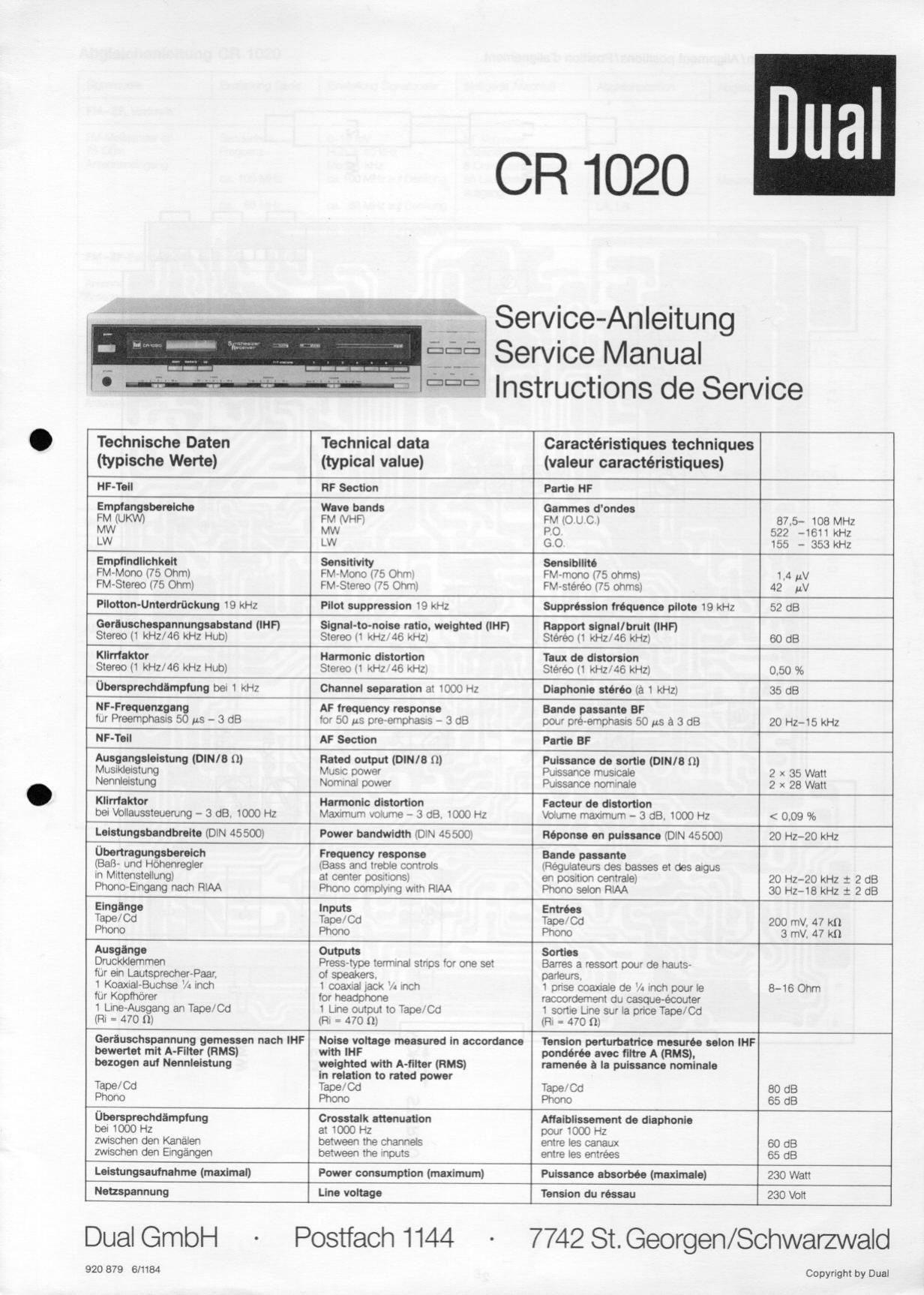 Dual CR 1020 Service Manual