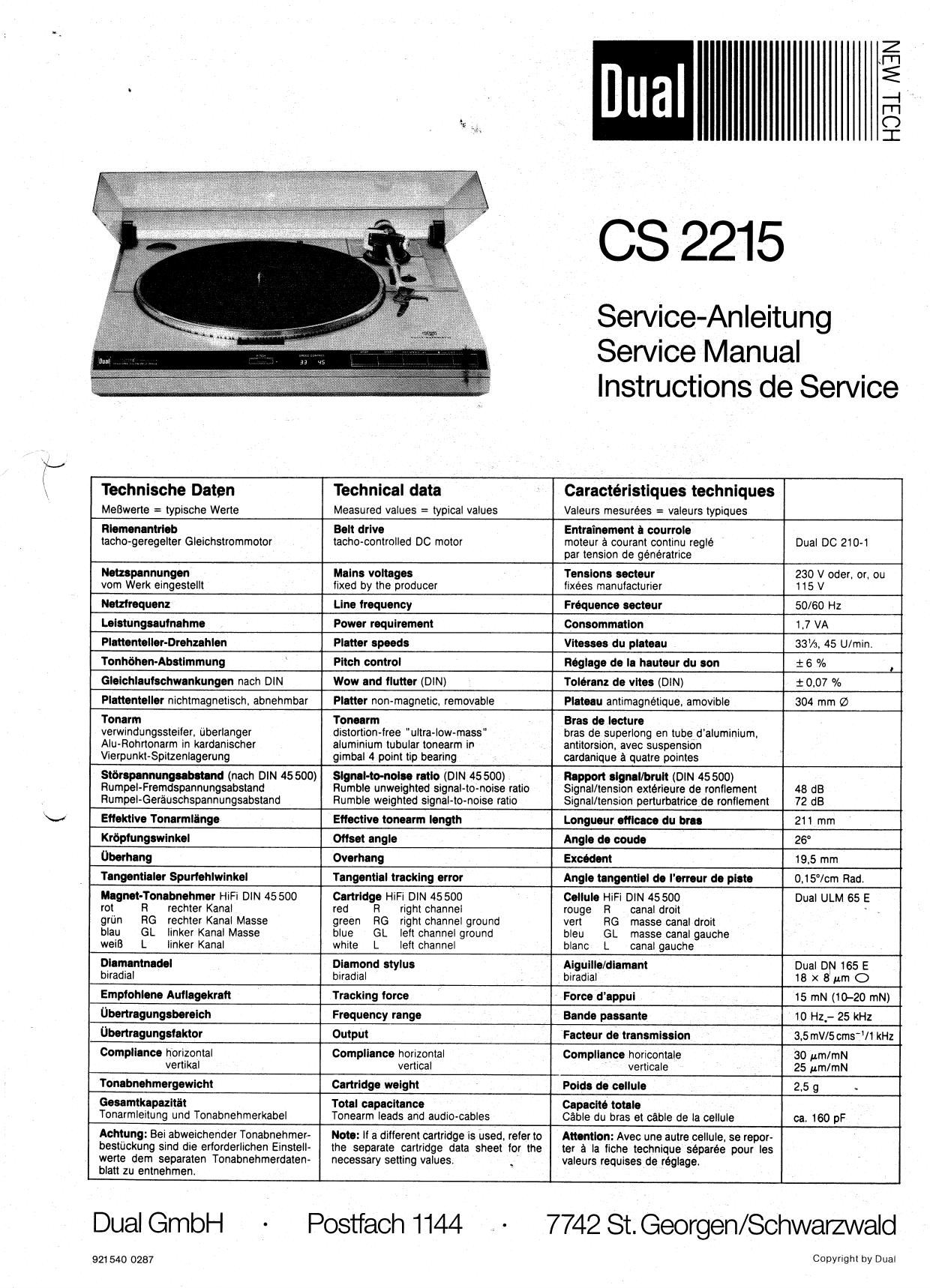 Dual CS 2215 Service Manual