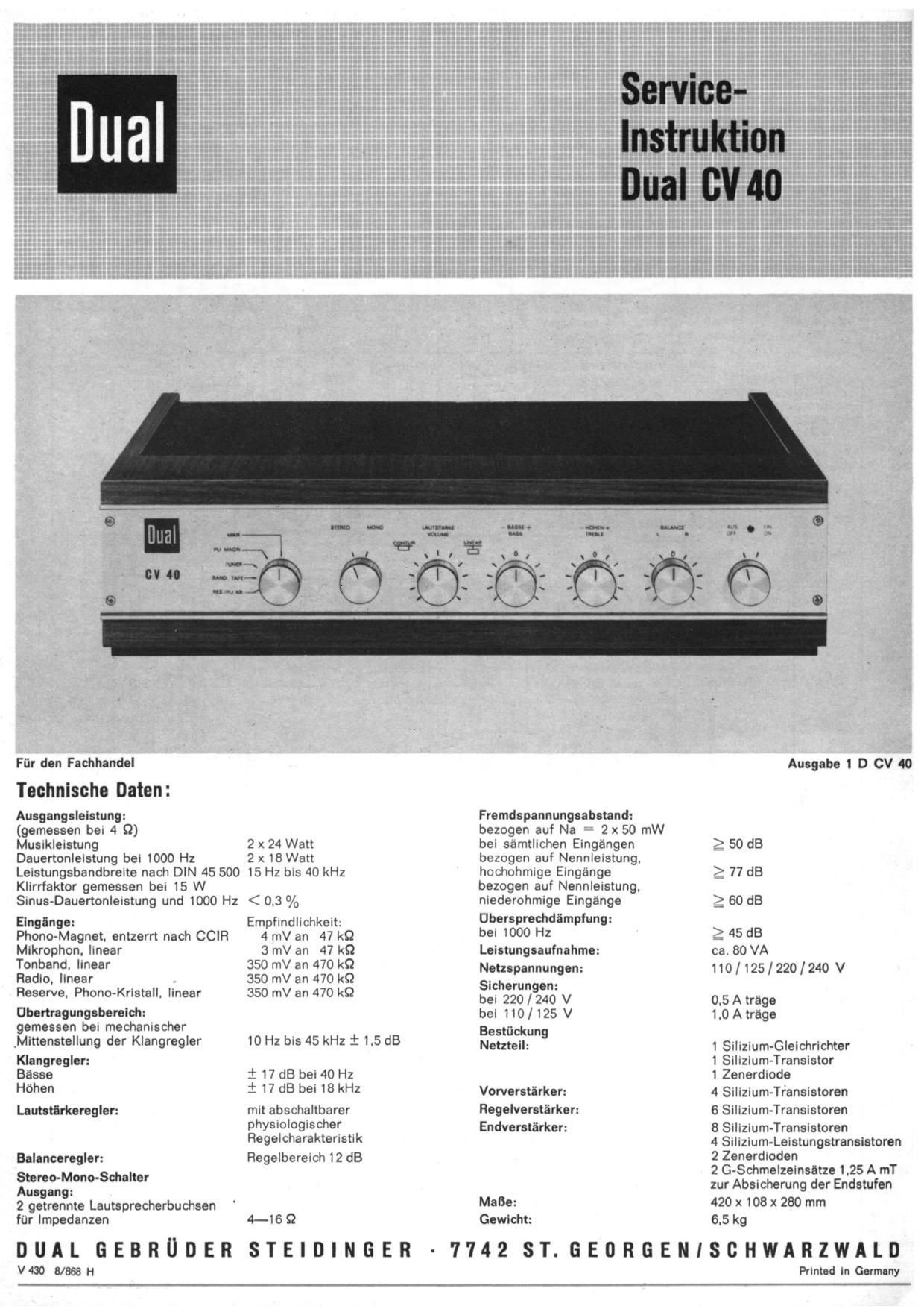 Dual CV 40 Service Manual 1968