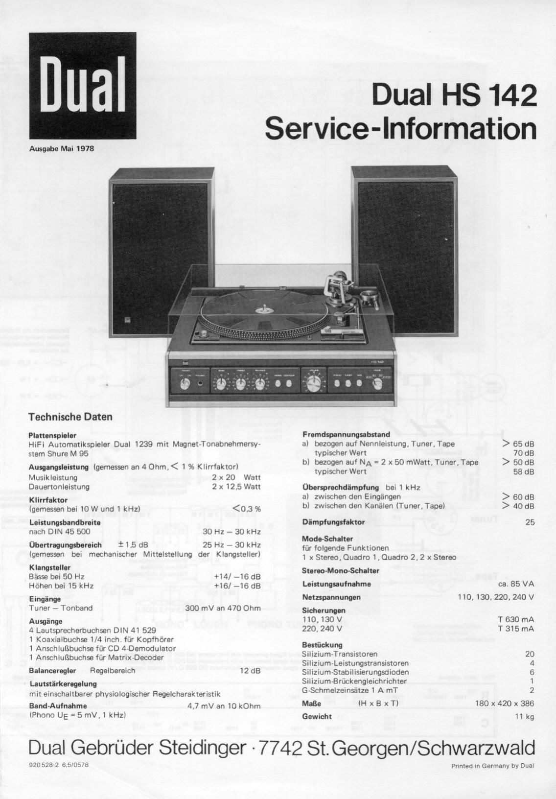 Dual HS 142 Service Manual