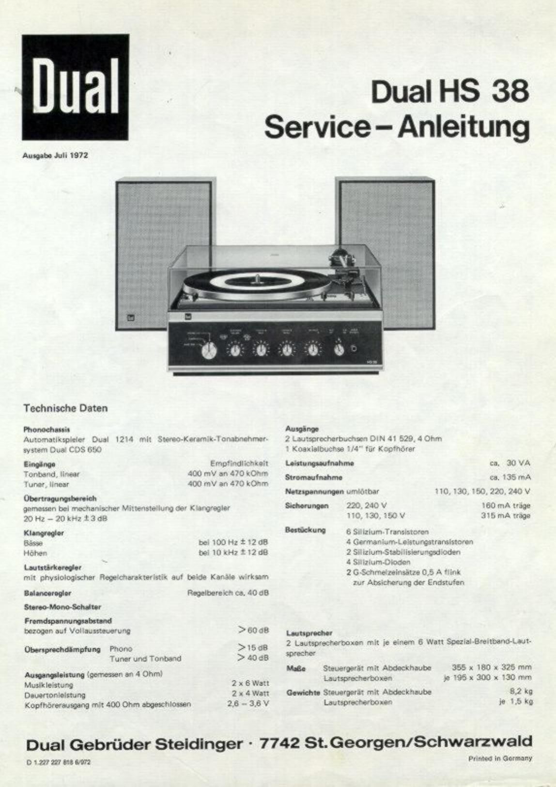 Dual HS 38 Service Manual