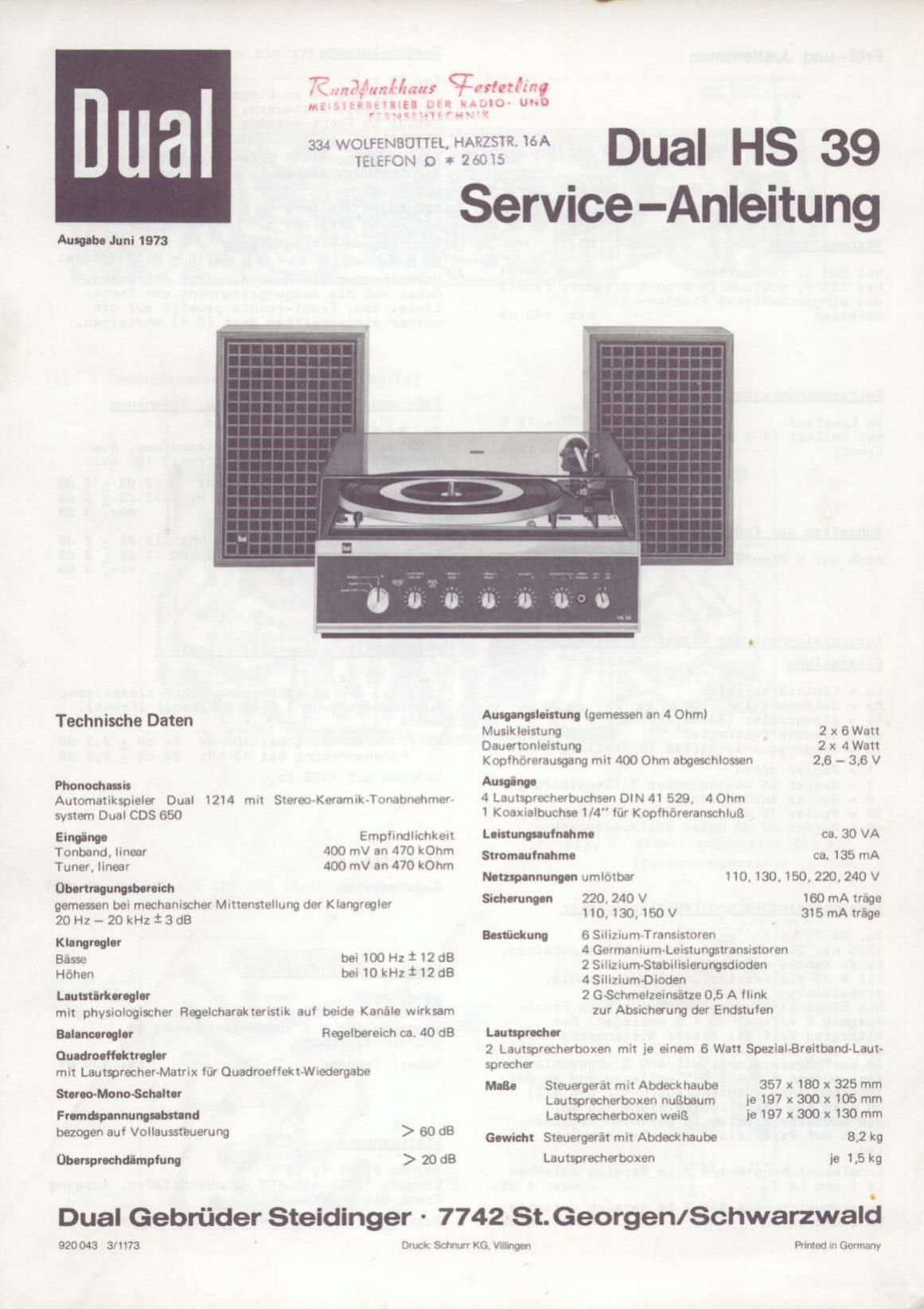 Dual HS 39 Service Manual