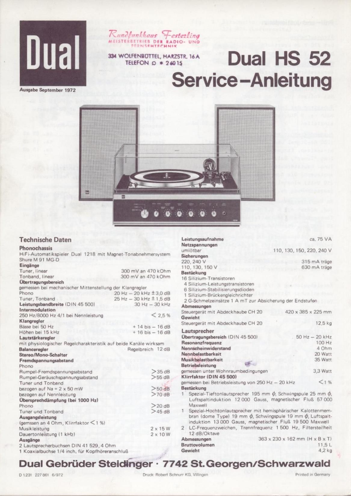 Dual HS 52 Service Manual