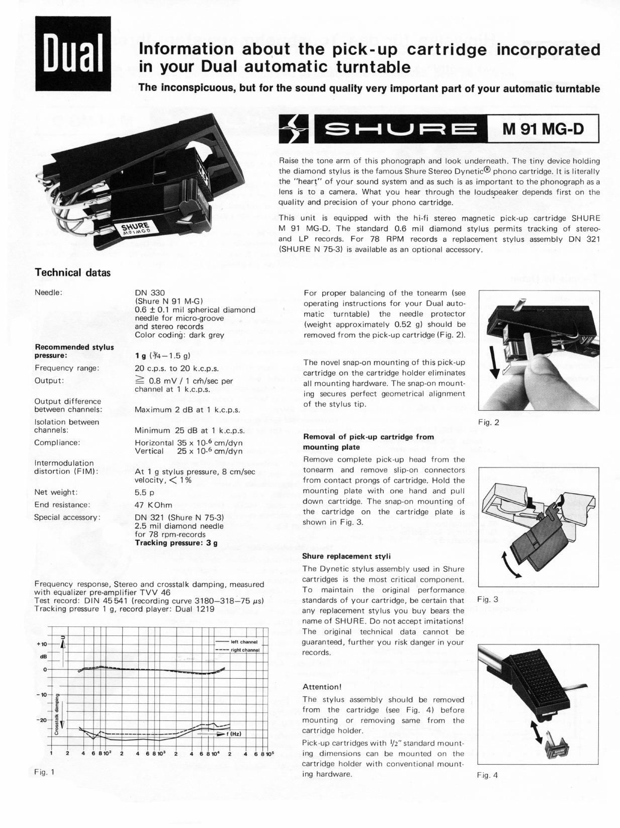 Dual Shure M91 MG D Owners Manual