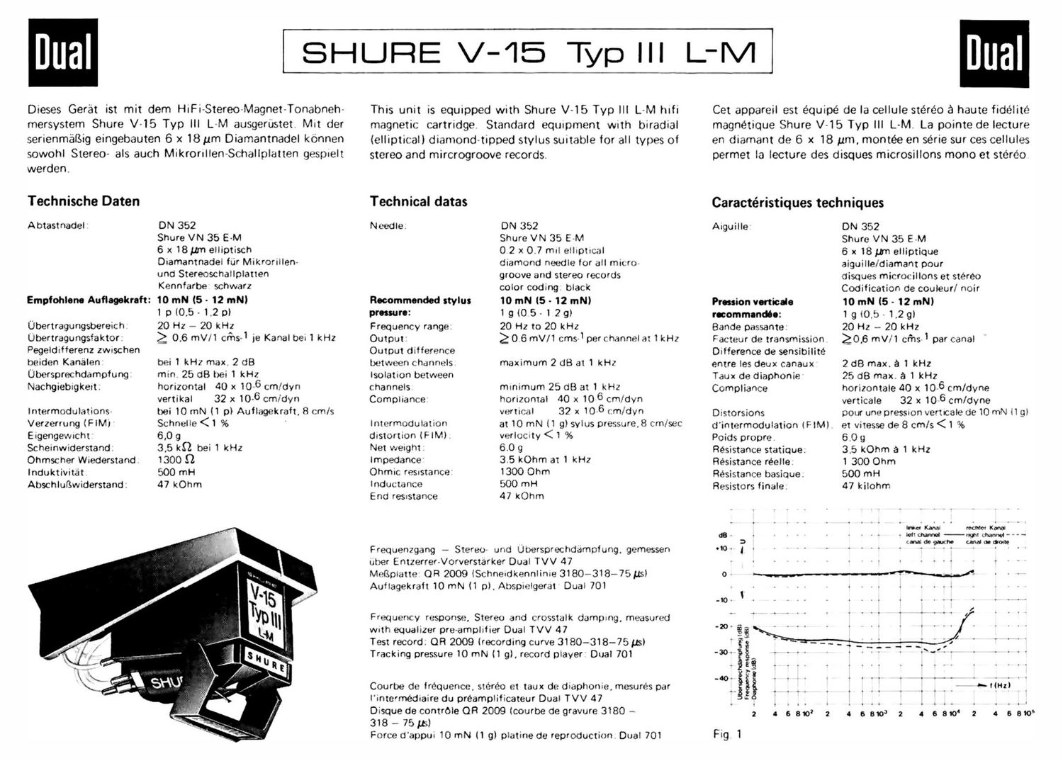 Dual Shure V 15 III L M Owners Manual