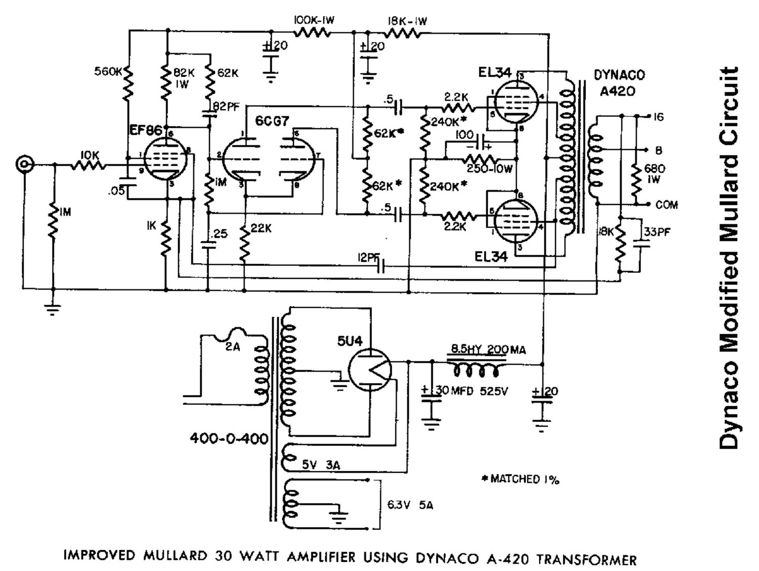 Dynaco Modified Mullard Vacuum Tube Power Amplifier Schematic