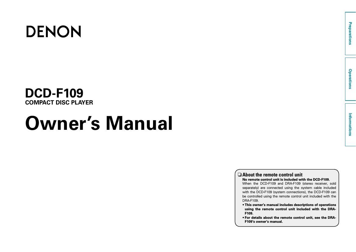 Denon DCD F109 Owners Manual
