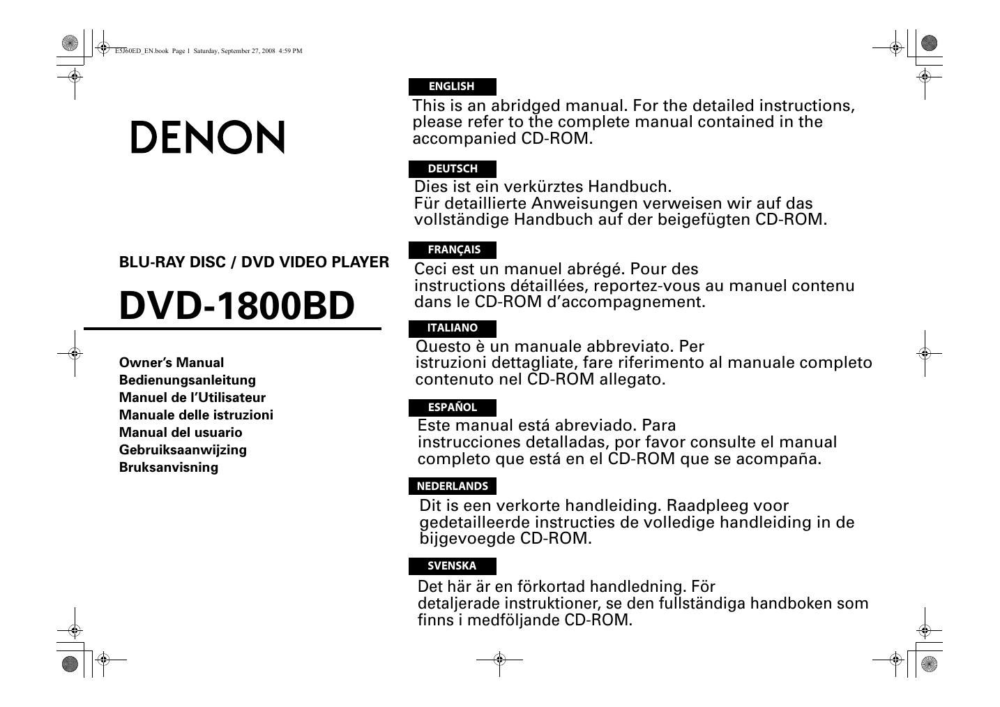 Denon DVD 1800BD Owners Manual