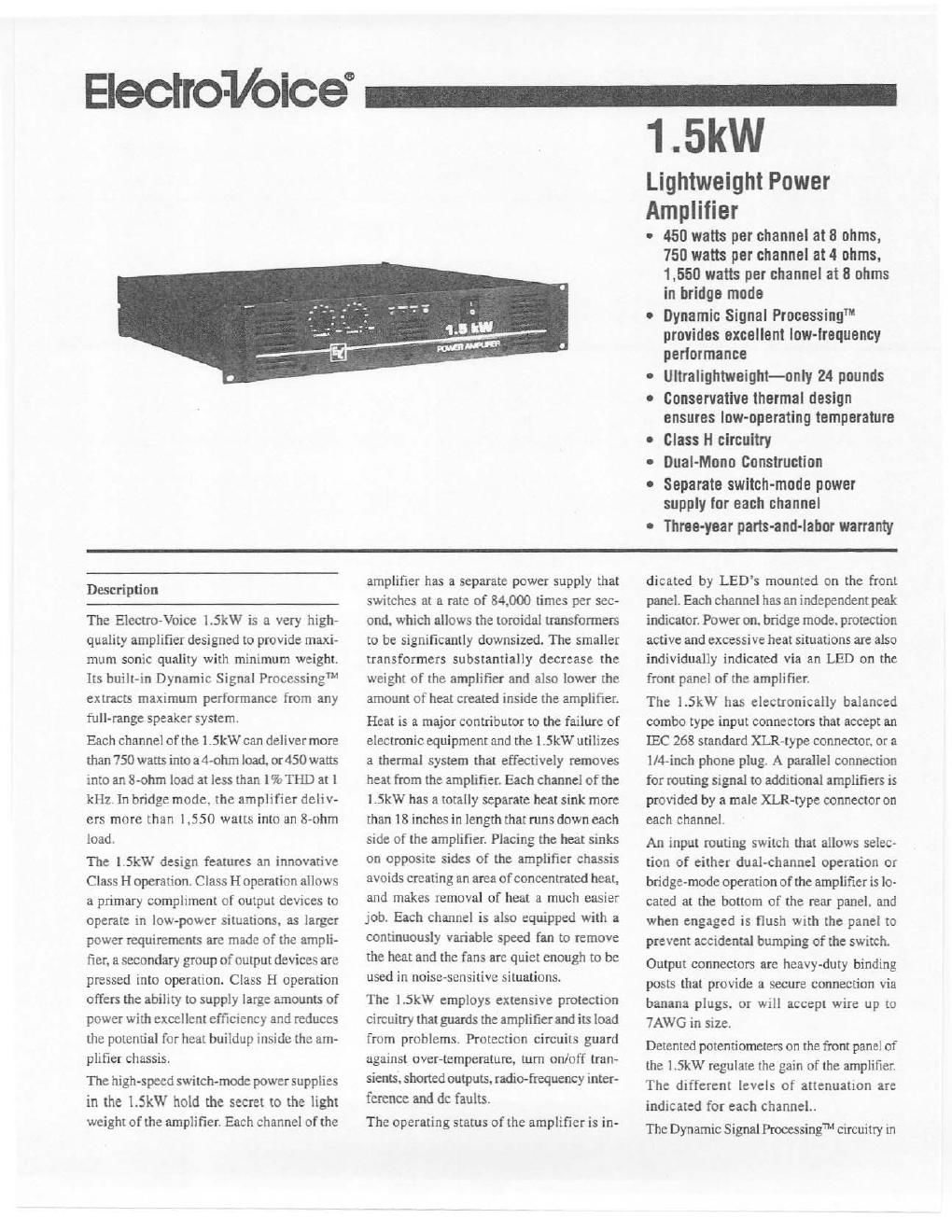 electro voice 1 5 kw brochure