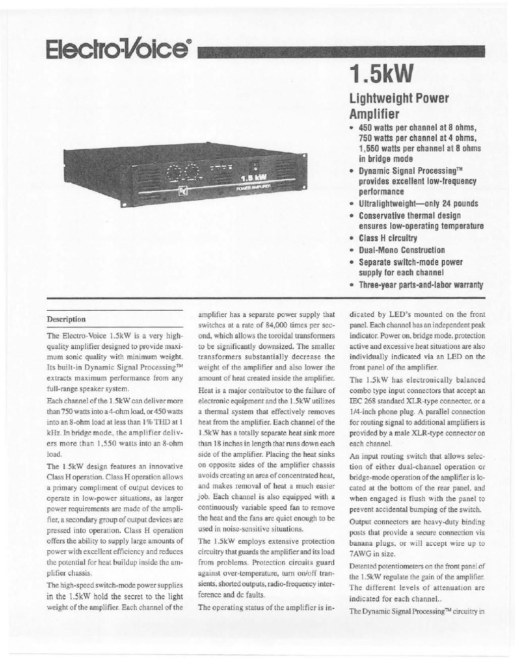 electro voice 1 5 kw brochure