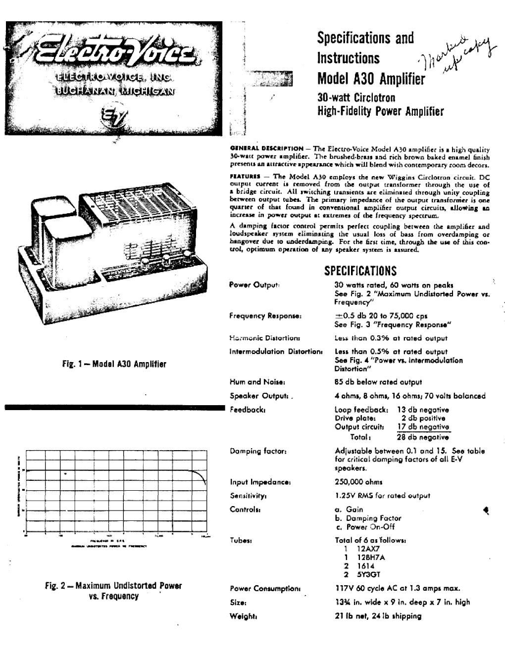 electro voice a 30 owners manual