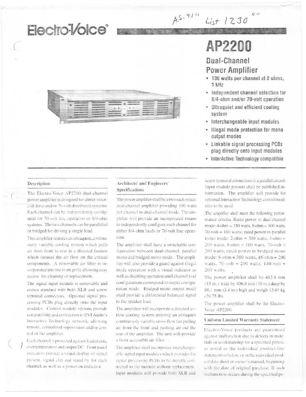 electro voice ap 2200 brochure