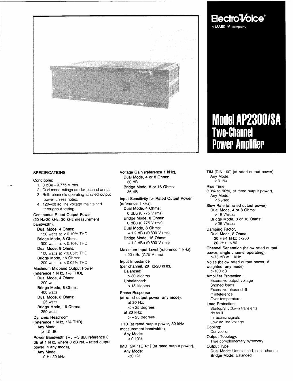 electro voice ap 2300 sa owners manual