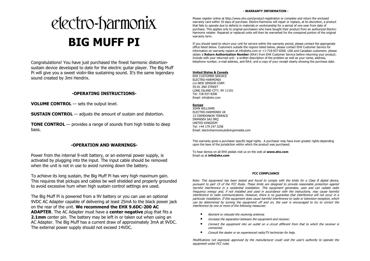 electro harmonix big muff pi operatinf instruction