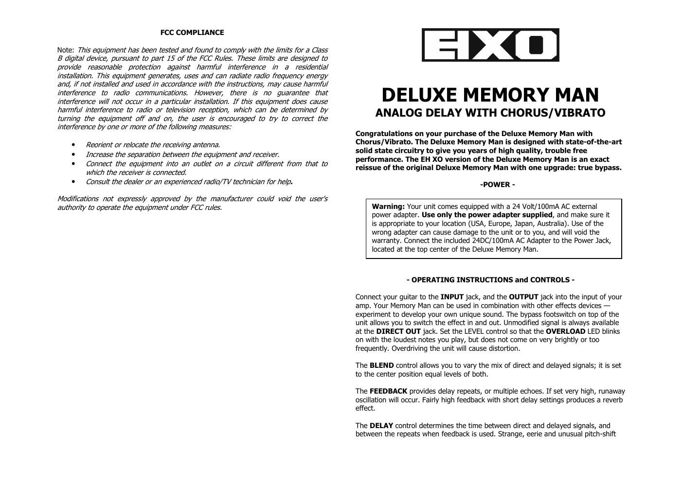 electro harmonix deluxe memory man operating instruction