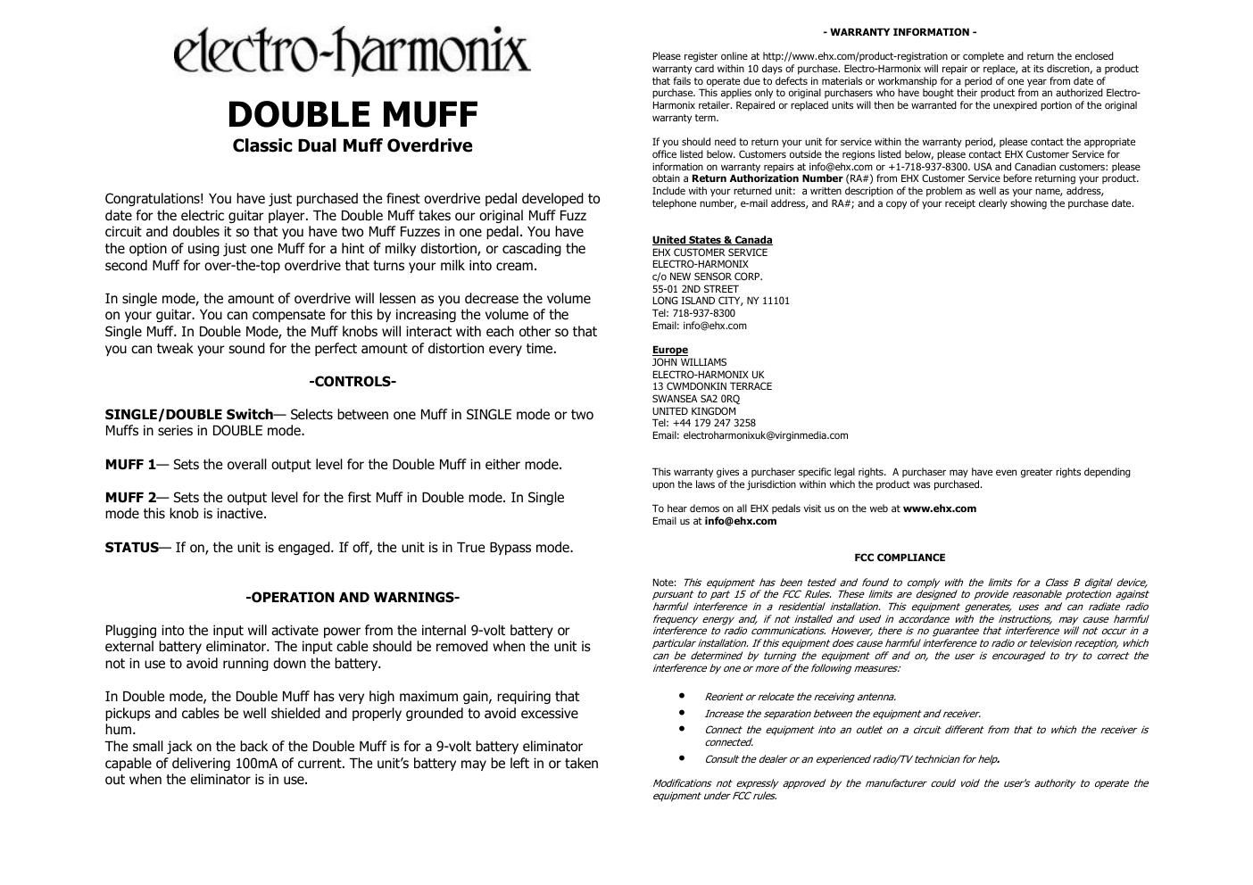 electro harmonix double muff owner manual