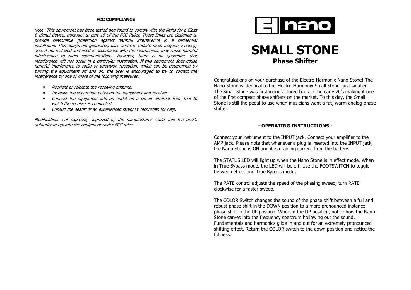 electro harmonix small stone owner manual