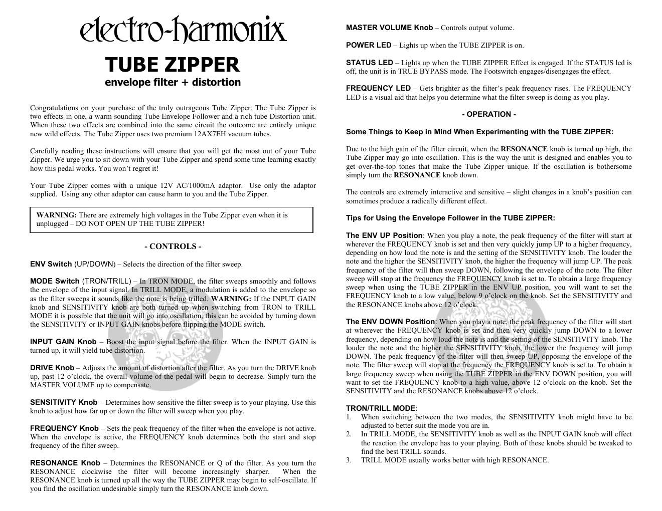 electro harmonix tube zipper manual