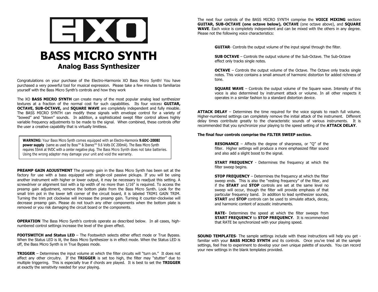 electro harmonix xo bass micro synthesizer owner manual