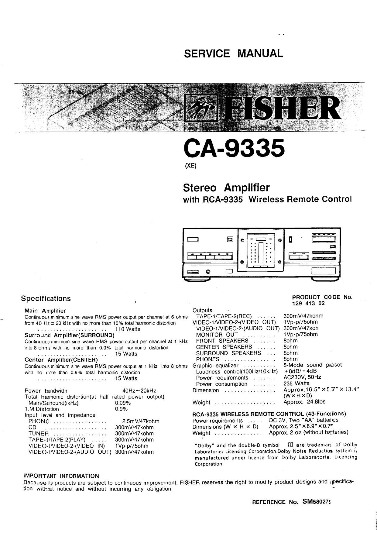 Fisher CA 9335 Service Manual