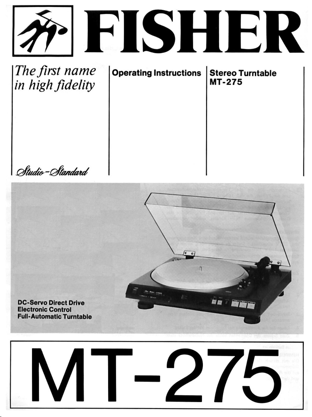 Fisher MT 275 Owners Manual