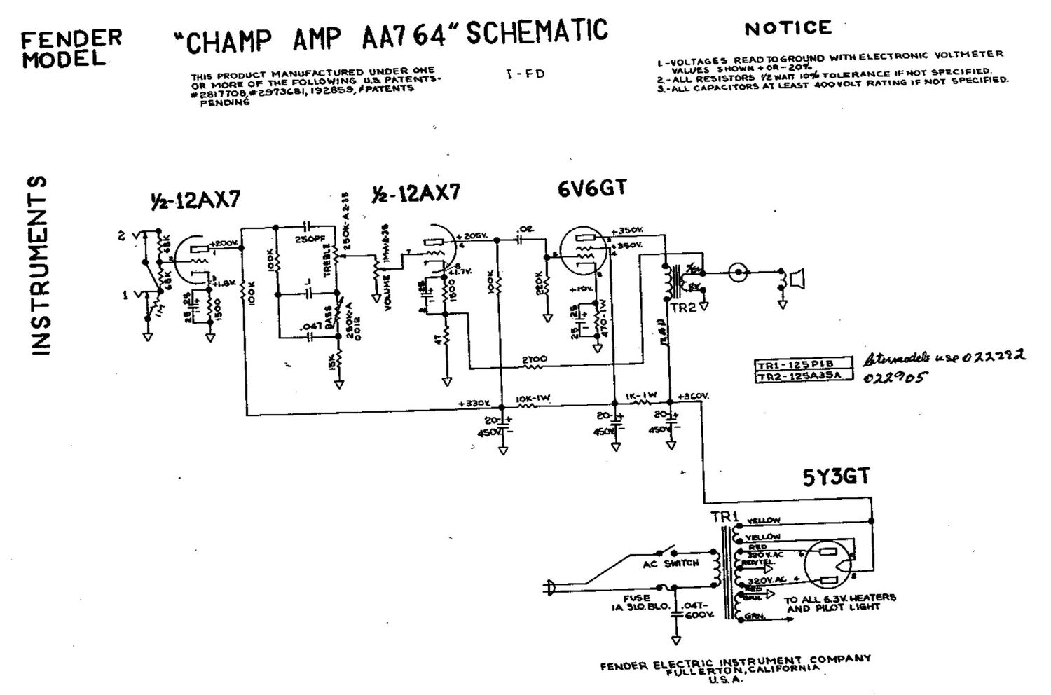 fender champ aa764 schematic