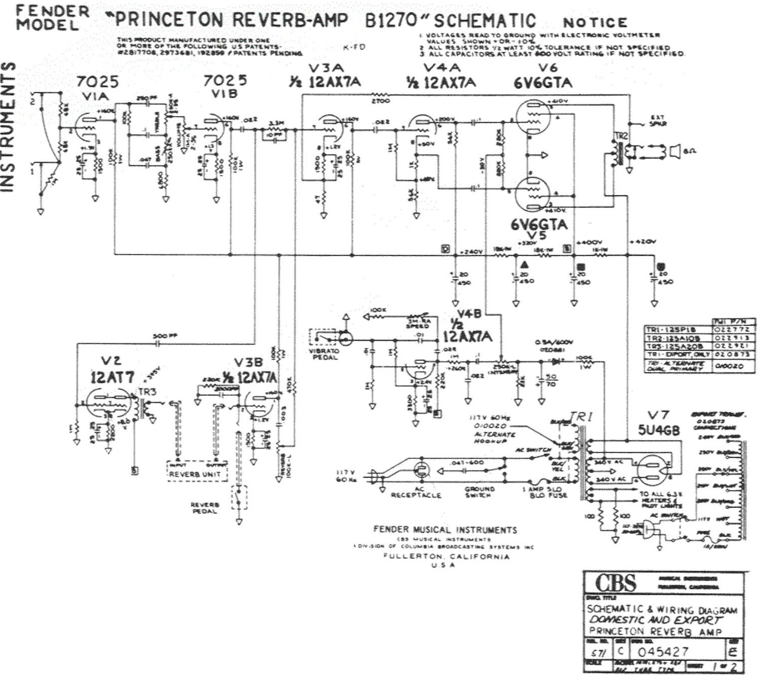 fender princeton reverb b1270 schematic