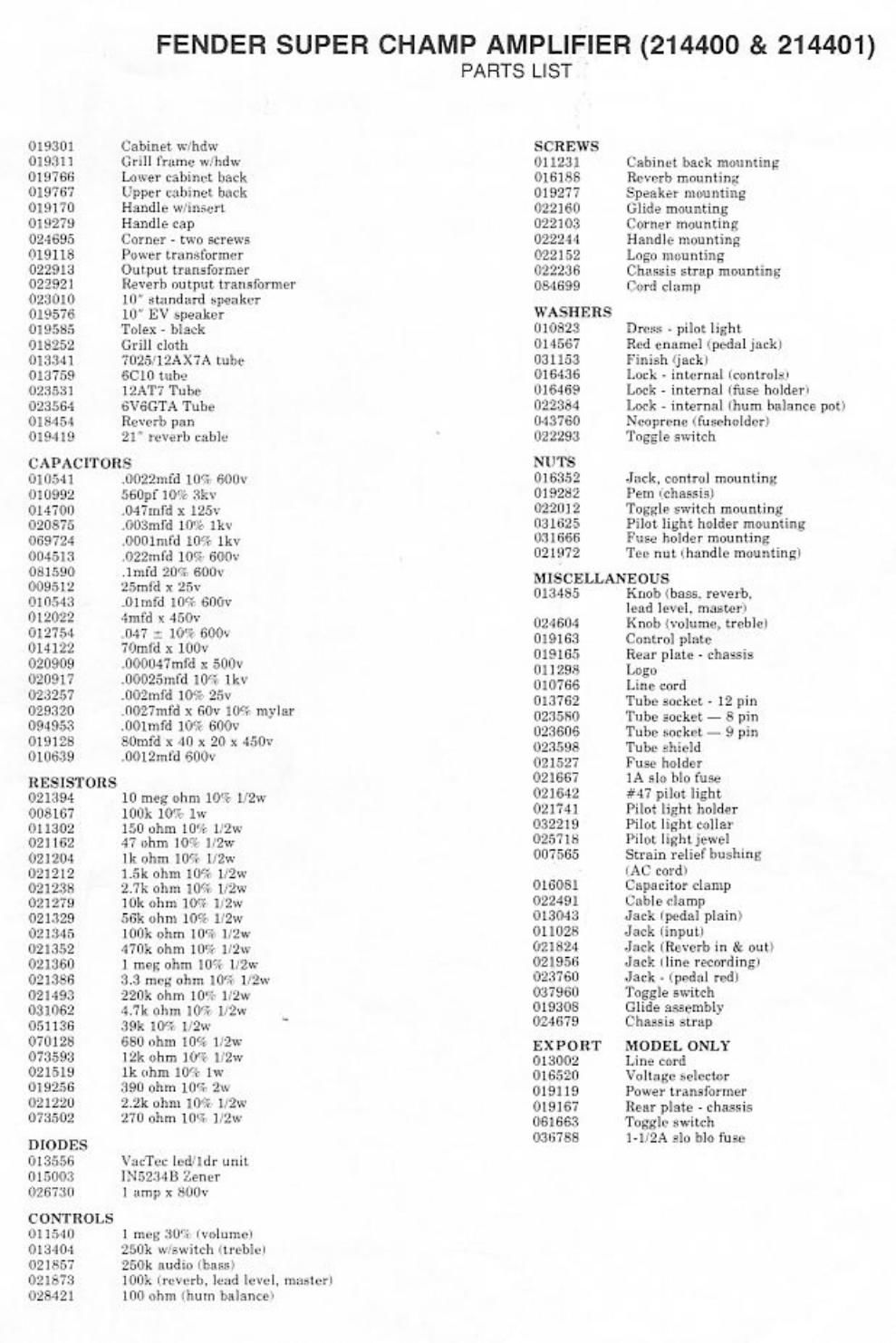 fender super champ parts list