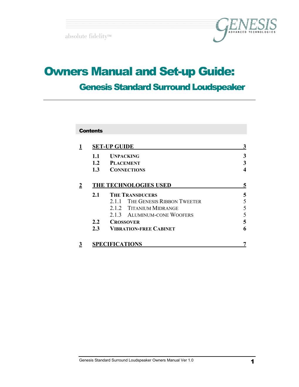 genesis sr 1 owners manual