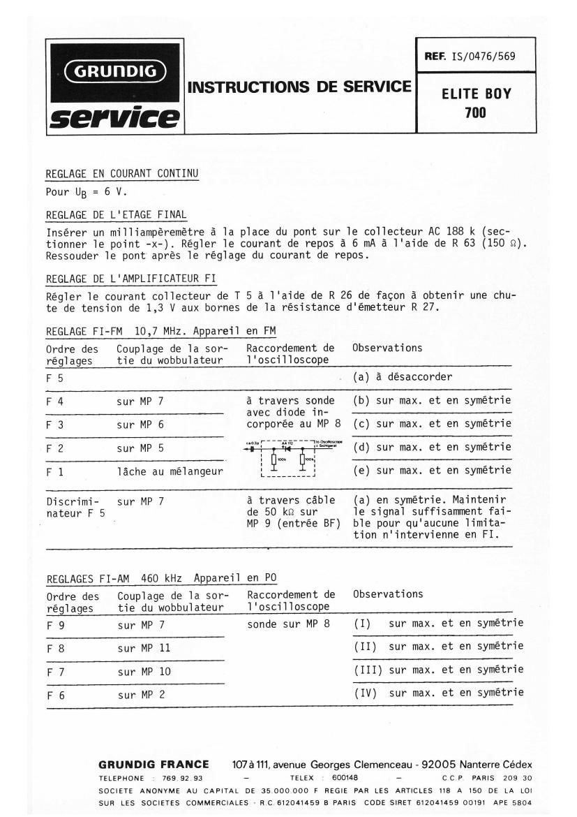 Grundig Elite Boy 700 Owners Manual