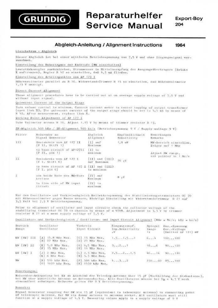 Grundig Export Boy 204 Service Manual