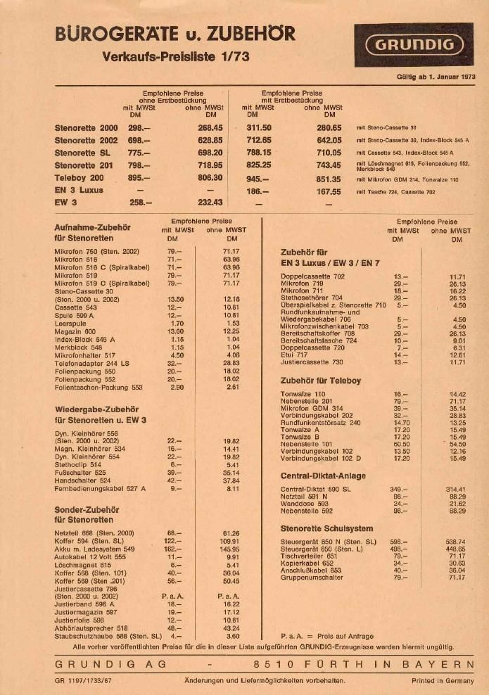 Grundig Preis Liste 1973