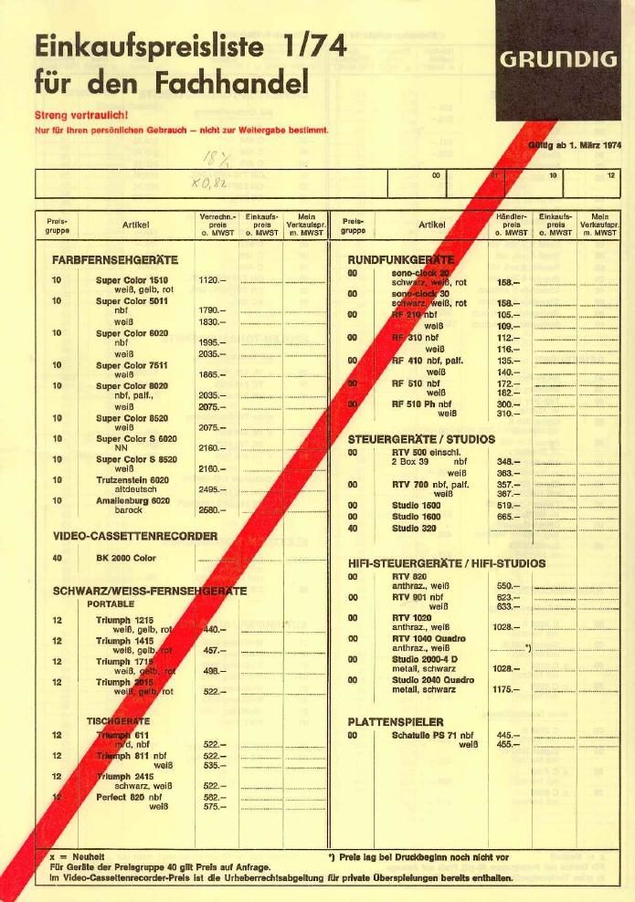 Grundig Preis Liste 1974