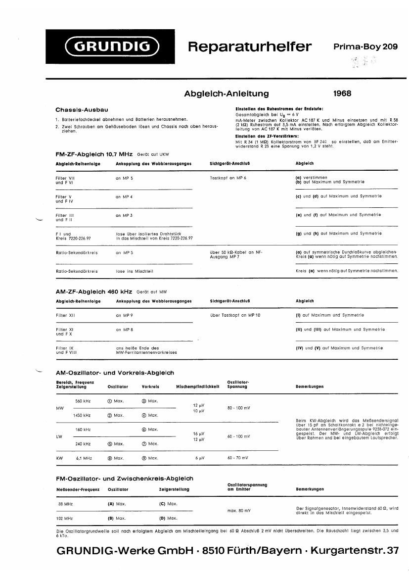 Grundig Prima Boy 209 Service Manual