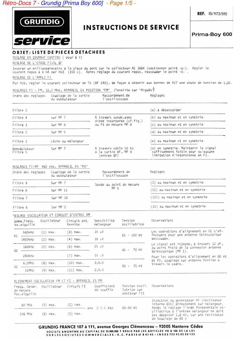 Grundig Prima Boy 600 Service Manual