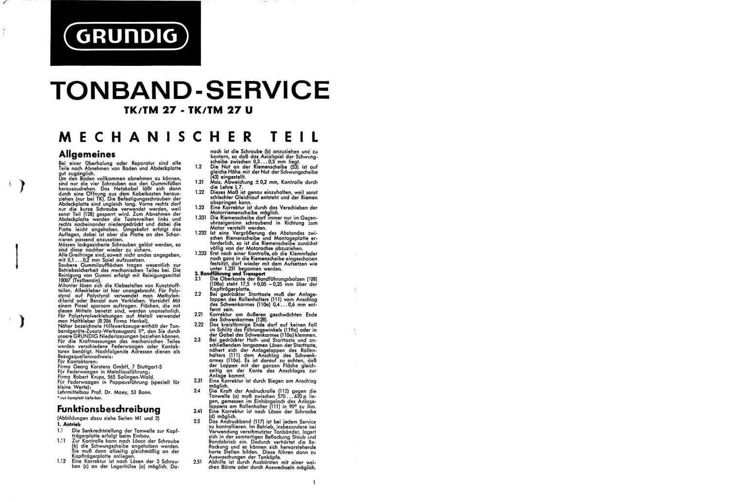 Grundig TK 27 Service Manual
