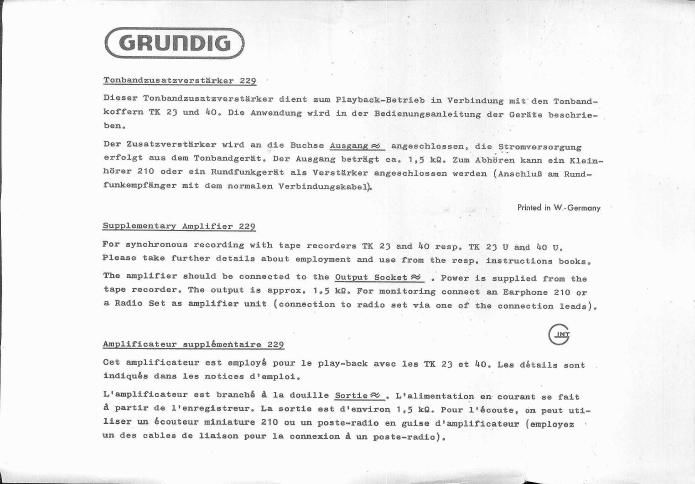 Grundig Tonband Zusatz 229 Schematic