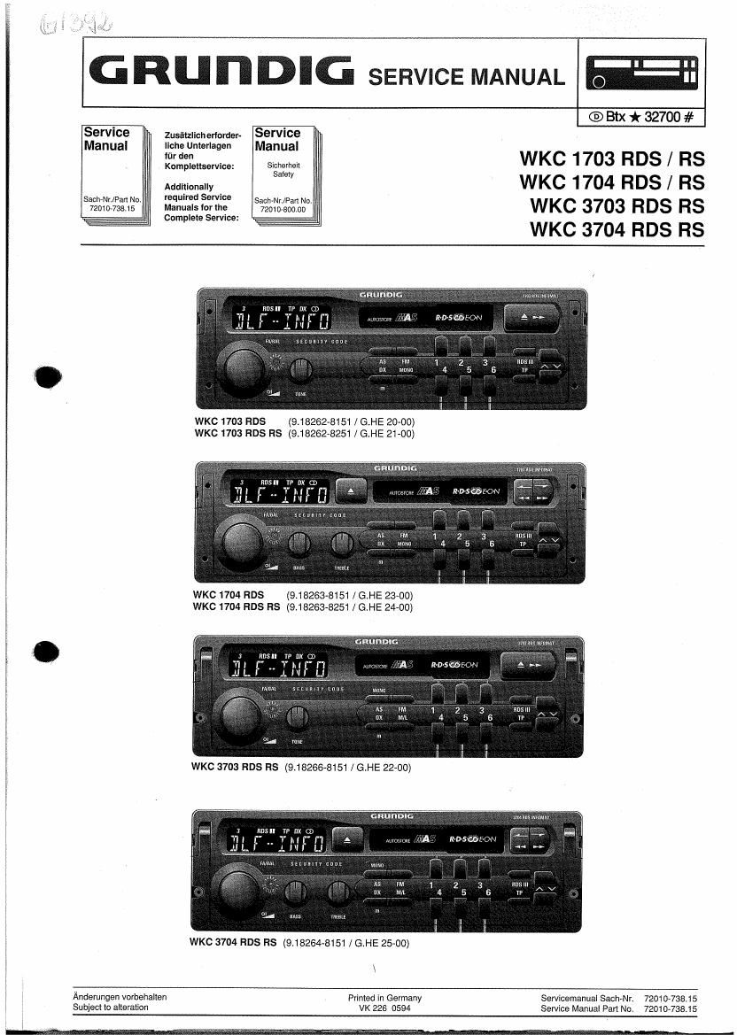 Grundig WKC 1703 RDS WKC 1704 RDS WKC 3703 RDS WKC 3704 RDS Service Manual