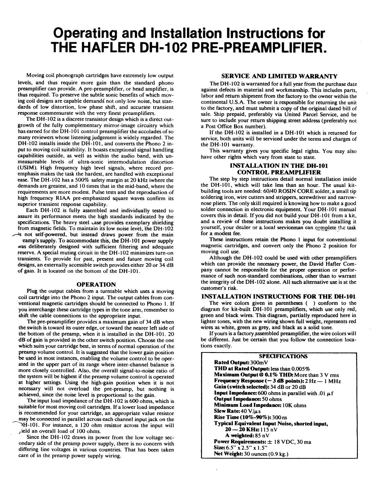Hafler DH 102 Service Manual