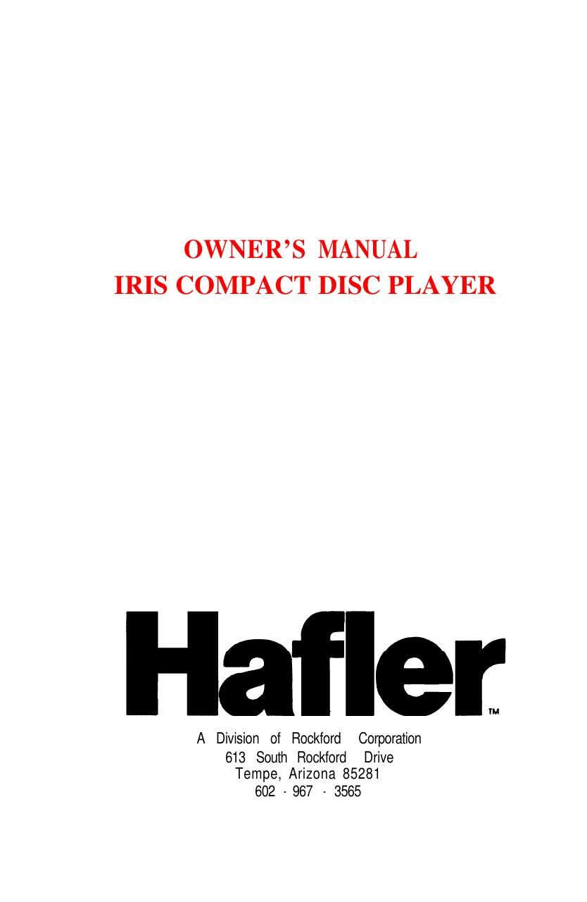 Hafler Iris CD Owners Manual